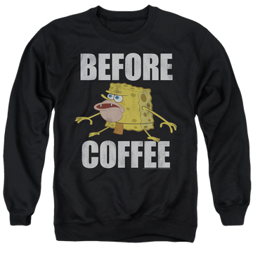 Black men's crewneck sweatshirt with SpongeBob SquarePants Before Coffee Meme graphic