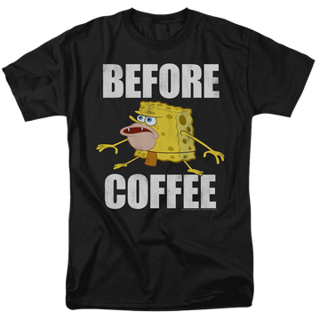 Black men's regular fit t-shirt with SpongeBob SquarePants Before Coffee Meme graphic