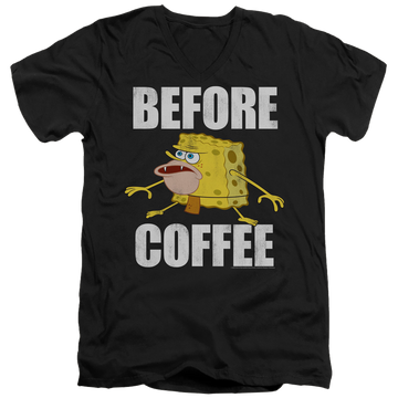 Black men's v-neck t-shirt with SpongeBob SquarePants Before Coffee Meme graphic