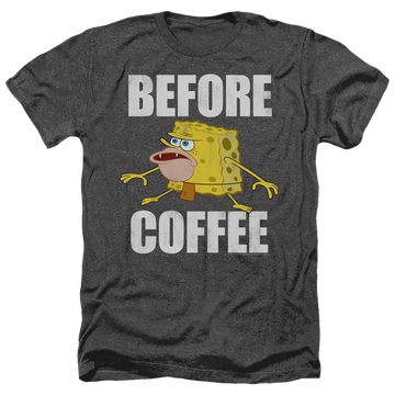 Black men's heather t-shirt with SpongeBob SquarePants Before Coffee Meme graphic