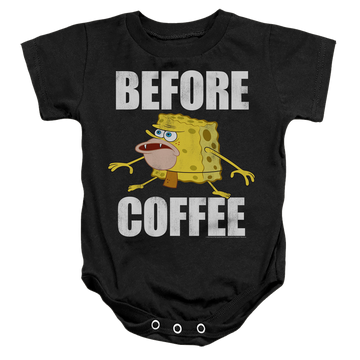 Black baby bodysuit with SpongeBob SquarePants Before Coffee Meme graphic