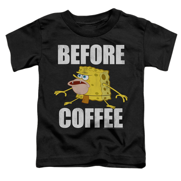 Black toddler t-shirt with SpongeBob SquarePants Before Coffee Meme graphic