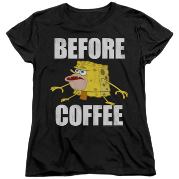 Black women's t-shirt with SpongeBob SquarePants Before Coffee Meme graphic