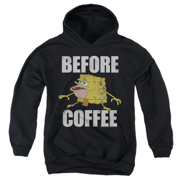 Black youth hoodie for ages 8 to 12 with SpongeBob SquarePants Before Coffee Meme graphic