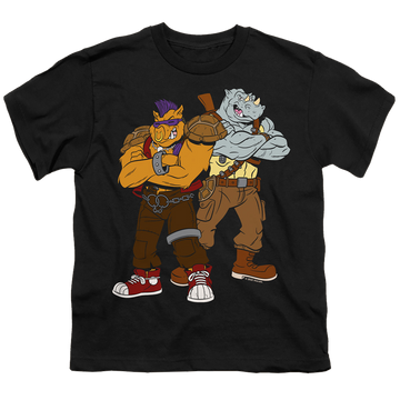Black youth t-shirt for ages 8 to 12 with Teenage Mutant Ninja Turtles Bebop And Rocksteady graphic