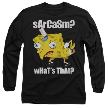 Black men's long sleeve t-shirt with SpongeBob SquarePants Sarcasm Meme graphic