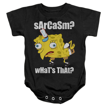 Black baby bodysuit with SpongeBob SquarePants Sarcasm Meme graphic