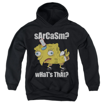 Black youth hoodie for ages 8 to 12 with SpongeBob SquarePants Sarcasm Meme graphic