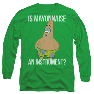 Kelly green men's long sleeve t-shirt with SpongeBob SquarePants Mayonnaise Instrument graphic