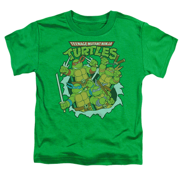 Kelly green toddler t-shirt with Teenage Mutant Ninja Turtles Retro Group graphic