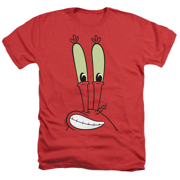 Red men's heather t-shirt with SpongeBob SquarePants Mr. Krabs Smile Face graphic