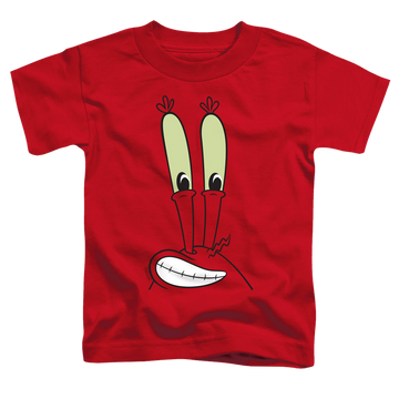 Red kid's t-shirt for ages 4 to 7 with SpongeBob SquarePants Mr. Krabs Smile Face graphic