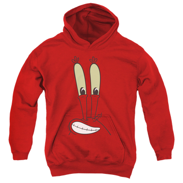 Red youth hoodie for ages 8 to 12 with SpongeBob SquarePants Mr. Krabs Smile Face graphic