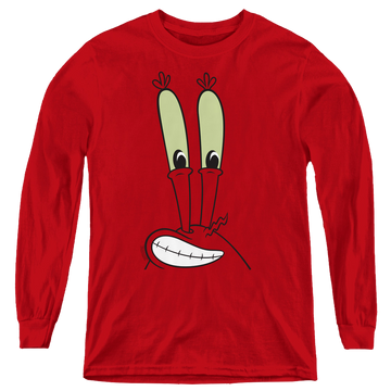 Red youth long sleeve t-shirt with SpongeBob SquarePants Mr. Krabs Smile Face graphic