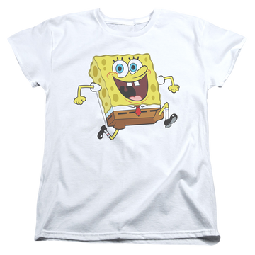 White women's t-shirt with SpongeBob SquarePants Happy Running Spongebob graphic