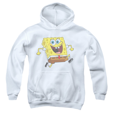 White youth hoodie for ages 8 to 12 with SpongeBob SquarePants Happy Running Spongebob graphic