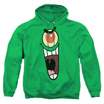 Kelly green pullover hoodie with SpongeBob SquarePants Plankton Sinister Face graphic