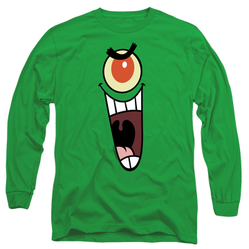 Kelly green men's long sleeve t-shirt with SpongeBob SquarePants Plankton Sinister Face graphic