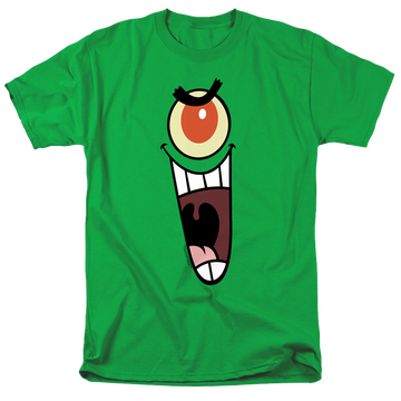 Kelly green men's regular fit t-shirt with SpongeBob SquarePants Plankton Sinister Face graphic