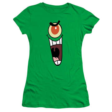 Kelly green juniors t-shirt with SpongeBob SquarePants Plankton Sinister Face graphic
