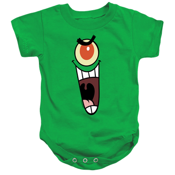Kelly green baby bodysuit with SpongeBob SquarePants Plankton Sinister Face graphic