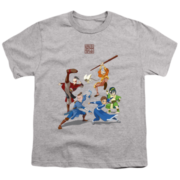 Athletic heather youth t-shirt for ages 8 to 12 with Avatar The Last Airbender Group graphic