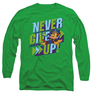 Kelly green men's long sleeve t-shirt with Paw Patrol Never Give Up graphic