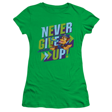 Kelly green juniors t-shirt with Paw Patrol Never Give Up graphic