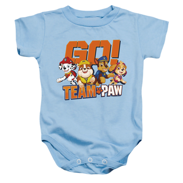 Light blue baby bodysuit with Paw Patrol Go! Team Paw graphic