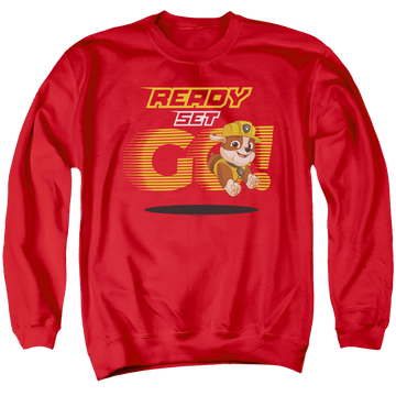 Red men's crewneck sweatshirt with Paw Patrol Ready Set Go! Rubble graphic