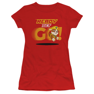Red juniors t-shirt with Paw Patrol Ready Set Go! Rubble graphic