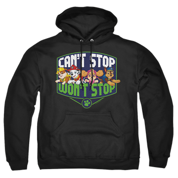 Black pullover hoodie with Paw Patrol Can't Stop Won't Stop graphic