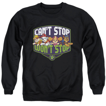 Black men's crewneck sweatshirt with Paw Patrol Can't Stop Won't Stop graphic