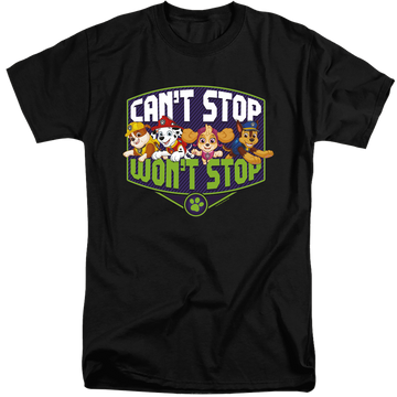 Black men's tall fit t-shirt with Paw Patrol Can't Stop Won't Stop graphic
