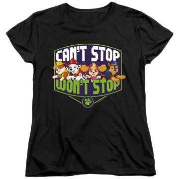Black women's t-shirt with Paw Patrol Can't Stop Won't Stop graphic