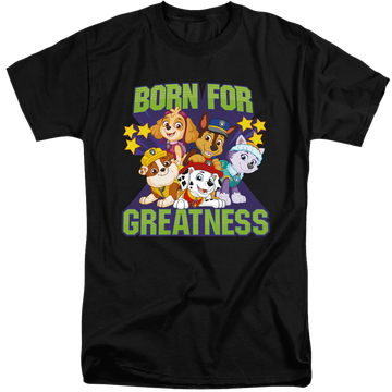 Black men's tall fit t-shirt with Paw Patrol Born For Greatness graphic