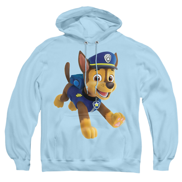 Light blue pullover hoodie with Paw Patrol Chase graphic