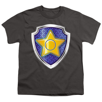 Charcoal youth t-shirt for ages 8 to 12 with Paw Patrol Chase Badge graphic