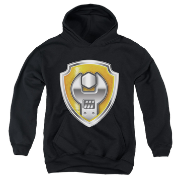Black youth hoodie for ages 8 to 12 with Paw Patrol Rubble Badge graphic