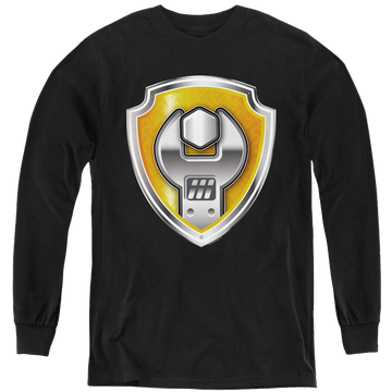 Black youth long sleeve t-shirt with Paw Patrol Rubble Badge graphic