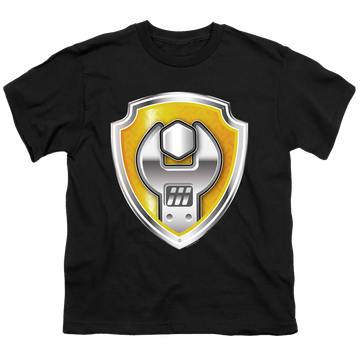 Black youth t-shirt for ages 8 to 12 with Paw Patrol Rubble Badge graphic