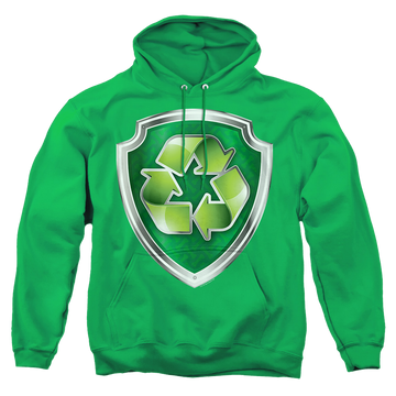 Kelly green pullover hoodie with Paw Patrol Rocky Badge graphic