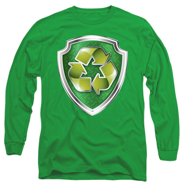 Kelly green men's long sleeve t-shirt with Paw Patrol Rocky Badge graphic