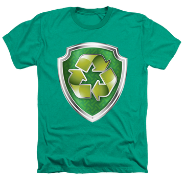 Kelly green men's heather t-shirt with Paw Patrol Rocky Badge graphic