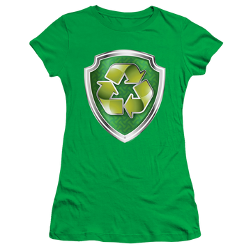 Kelly green juniors t-shirt with Paw Patrol Rocky Badge graphic