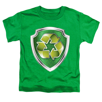 Kelly green kid's t-shirt for ages 4 to 7 with Paw Patrol Rocky Badge graphic