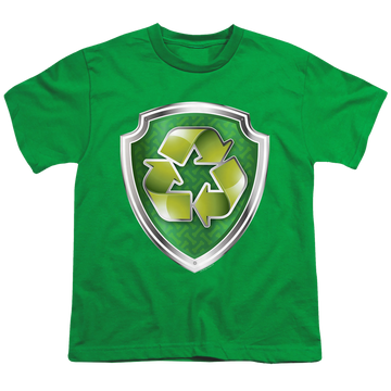 Kelly green youth t-shirt for ages 8 to 12 with Paw Patrol Rocky Badge graphic