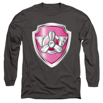Charcoal men's long sleeve t-shirt with Paw Patrol Skye Badge graphic