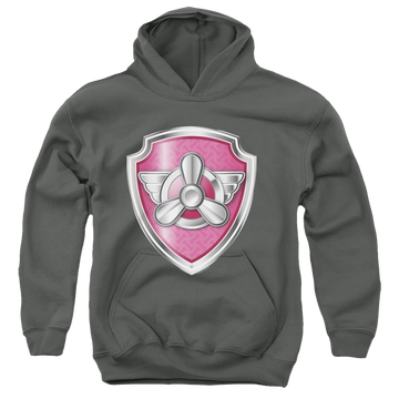 Charcoal youth hoodie for ages 8 to 12 with Paw Patrol Skye Badge graphic
