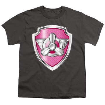 Charcoal youth t-shirt for ages 8 to 12 with Paw Patrol Skye Badge graphic